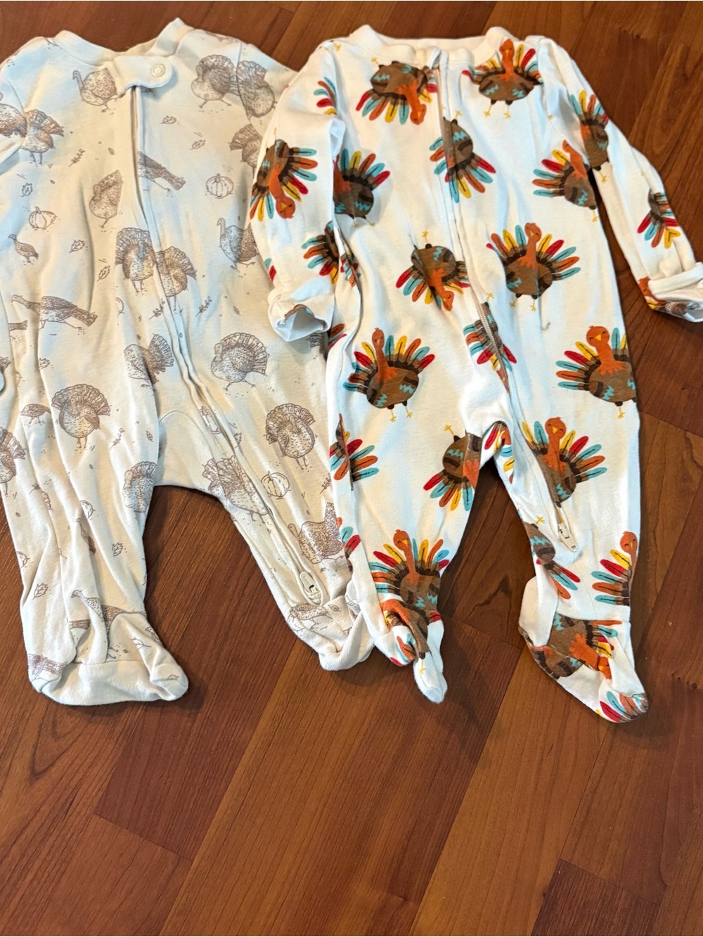 Two Turkey White Footed One-Piece Sleepers with Multicolor Turkey Print 0-3 M